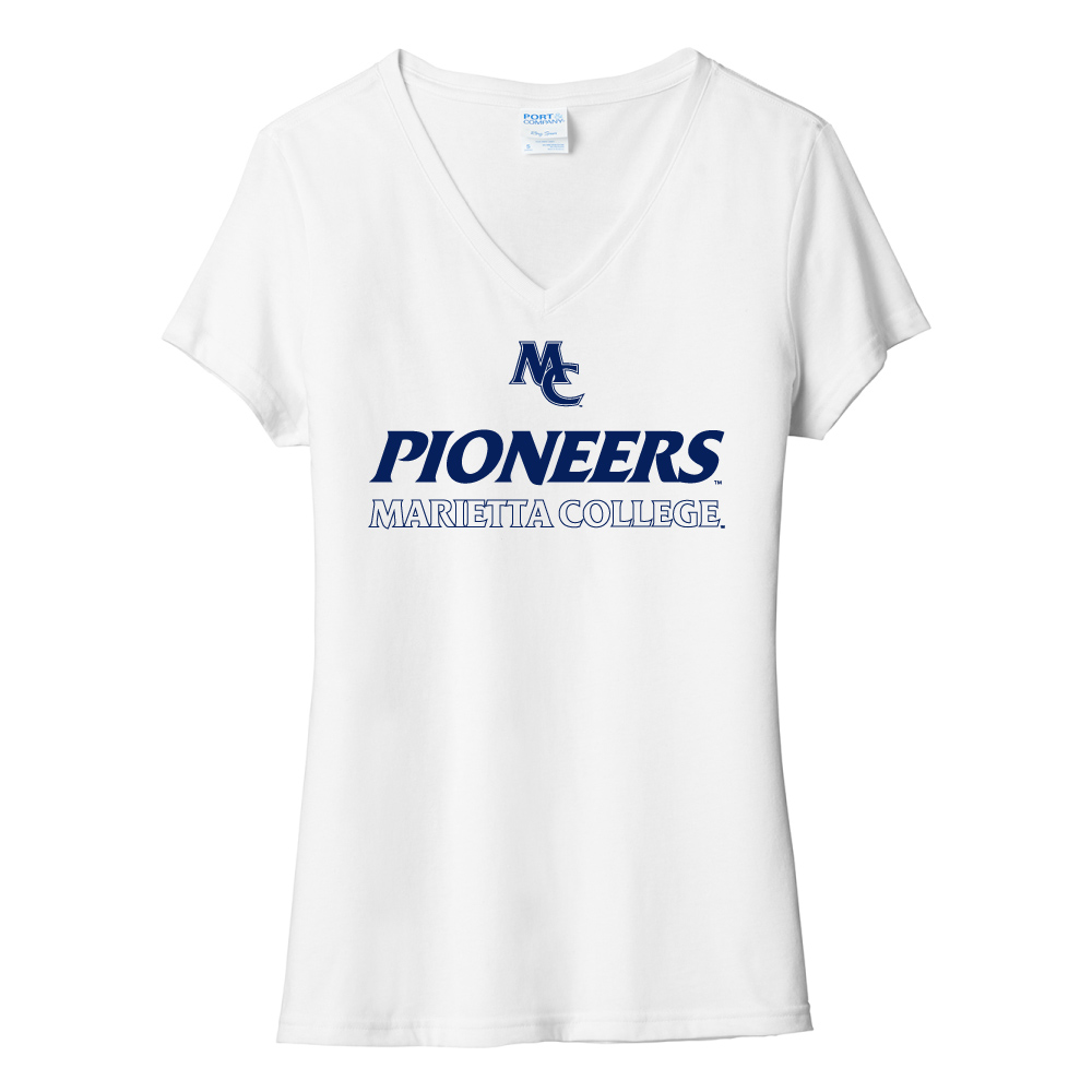 White T-shirt with MC, Pioneers, and Marietta College logos screen printed on front in Navy