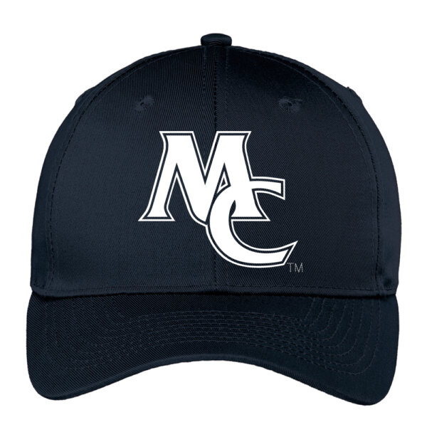 Navy Ball Cap. Embroidered on front with the MC logo in white thread.