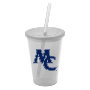 An image of a translucent clear tumbler with lid and straw. The tumbler is printed with the MC logo in navy blue.