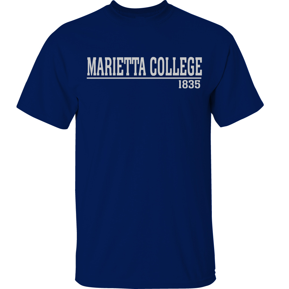 Navy Blue t-shirt with graphic on front in light gray. Graphic is Marietta College underlined with 1835 underneath.