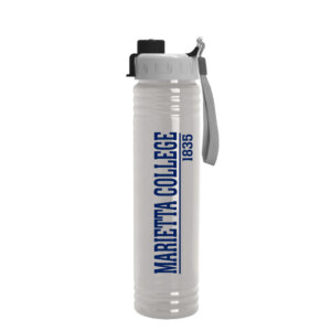 A picture of a tall, thin, clear water bottle with a lid and carry strap. Decorated on the side with Marietta College 1835.