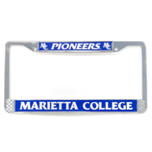 Chrome License Plate Frame. Decal across the top is MC logo, PIONEERS logo, MC Logo in white on navy background. Decal across the bottom is MARIETTA COLLEGE in white on a navy background