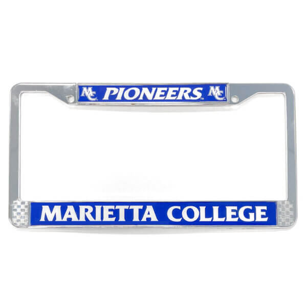 Chrome License Plate Frame. Decal across the top is MC logo, PIONEERS logo, MC Logo in white on navy background. Decal across the bottom is MARIETTA COLLEGE in white on a navy background