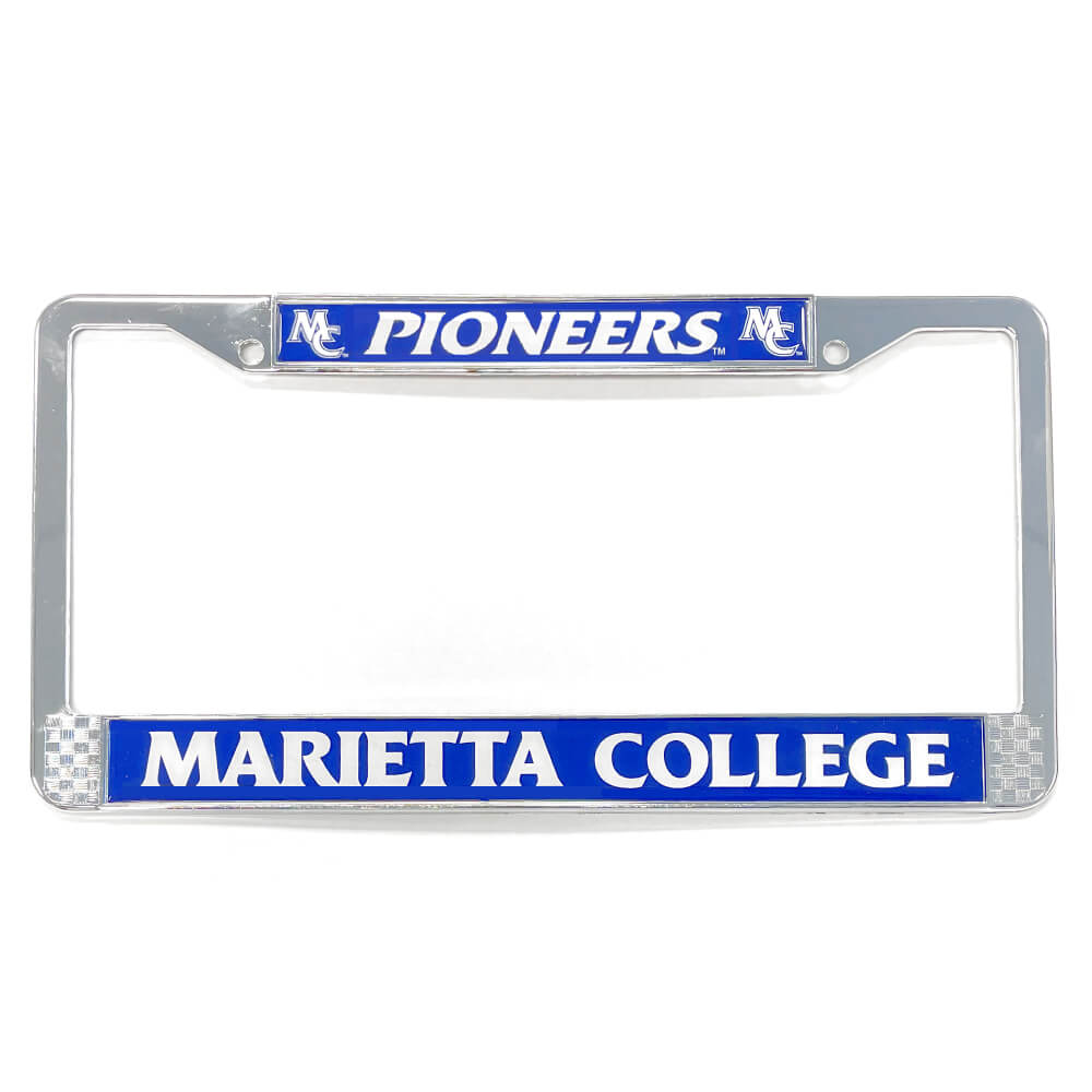 Chrome License Plate Frame. Decal across the top is MC logo, PIONEERS logo, MC Logo in white on navy background. Decal across the bottom is MARIETTA COLLEGE in white on a navy background