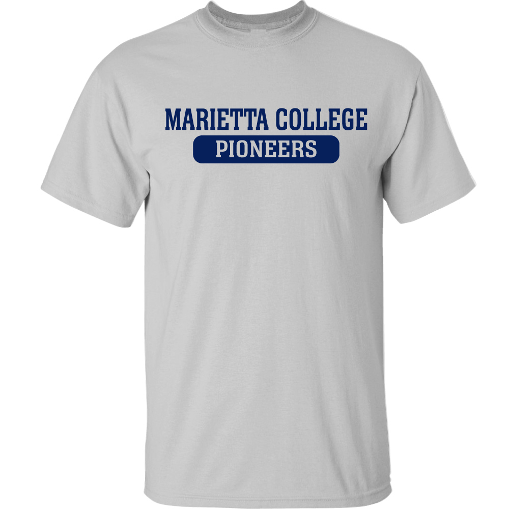 Silver t-shirt with graphic on front in Blue. Graphic Says Marietta College Pioneers.