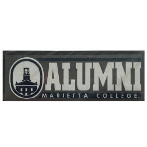 Auto deal featuring Erwin Tower on the left in Blue on a white background. Alumni Is large white block font to the left, with Marietta College underneath on a blue background.