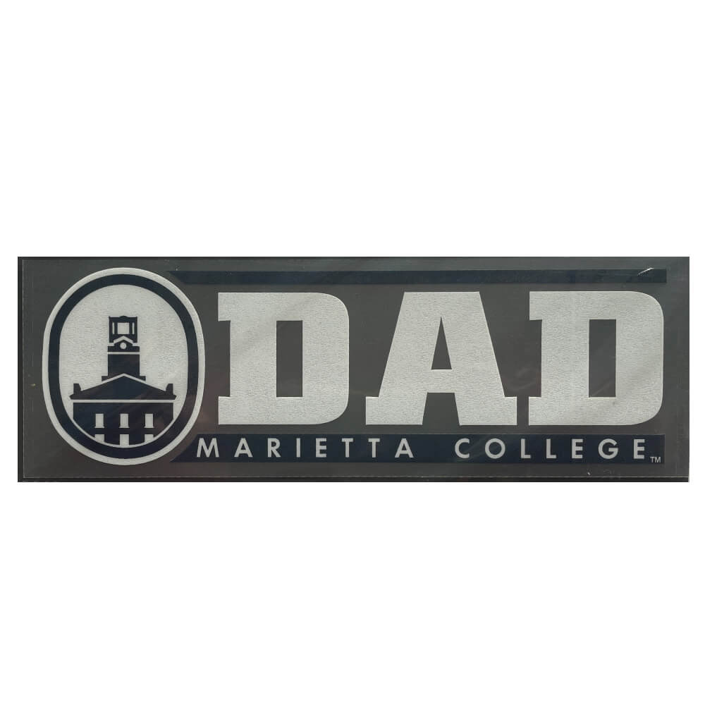 Auto deal featuring Erwin Tower on the left in Blue on a white background. Dad Is large white block font to the left, with Marietta College underneath on a blue background.