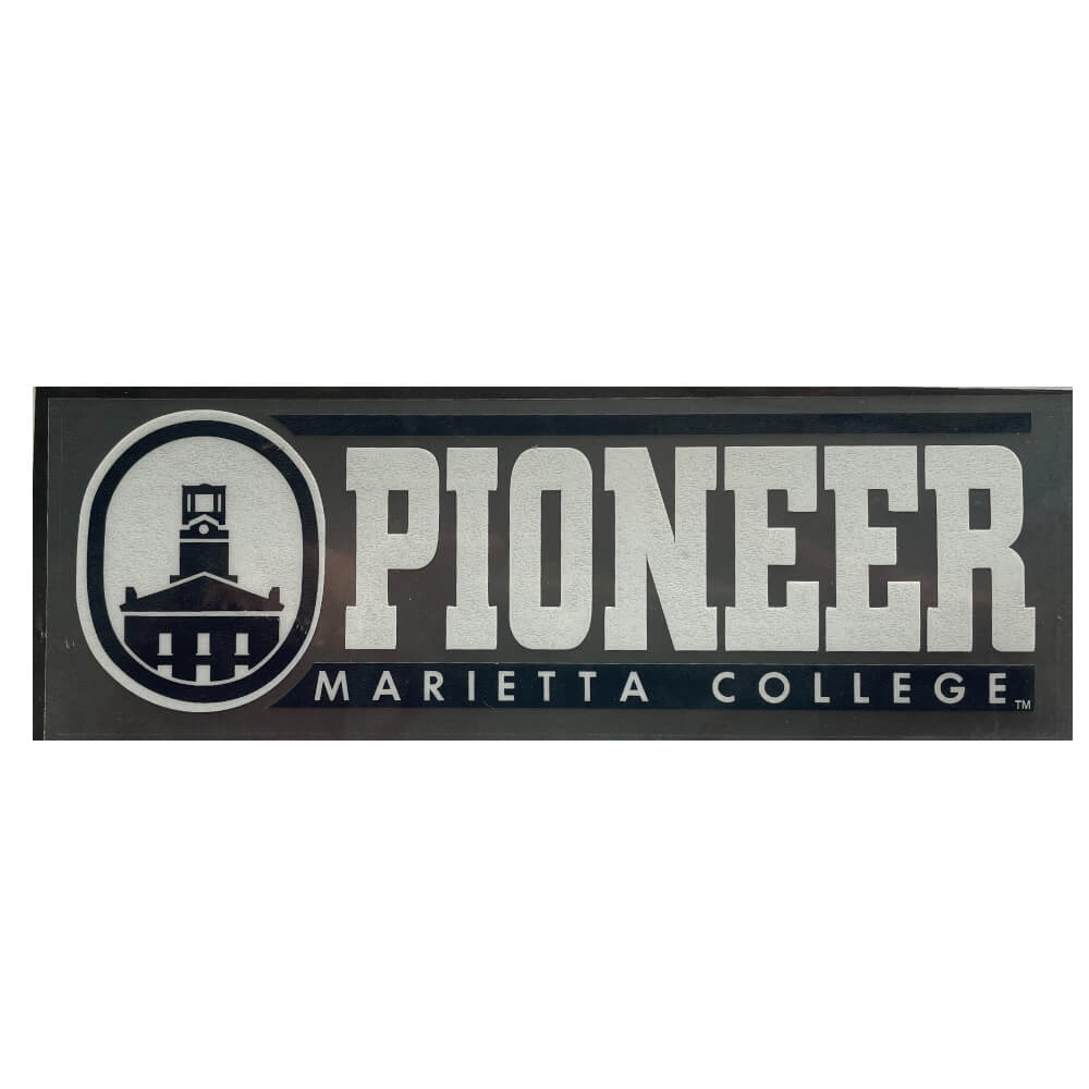 Auto deal featuring Erwin Tower on the left in Blue on a white background. Pioneer Is large white block font to the left, with Marietta College underneath on a blue background.