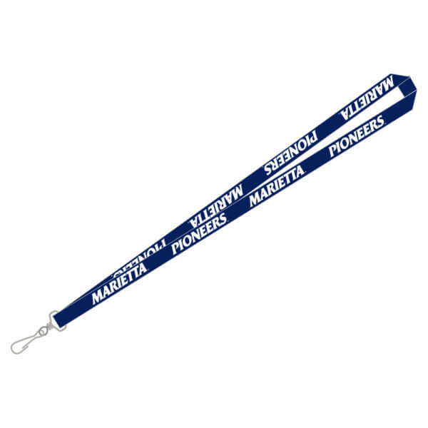 A navy blue lanyard. Printed with Marietta and Pioneers word logos in white.