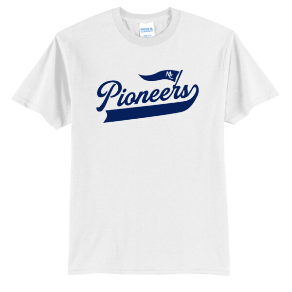 White T-shirt with Pioneers Pennant logo screen printed on front in Navy